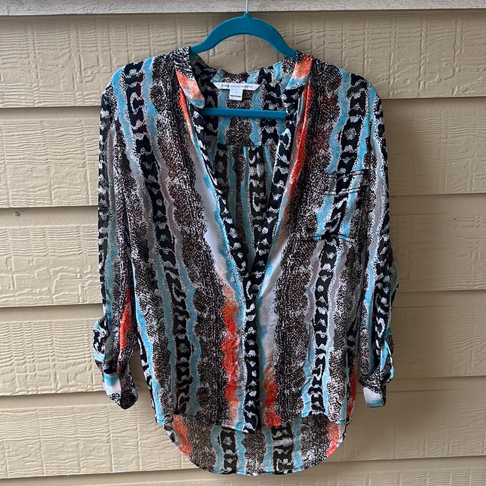 DVF Silk Sheer Tunic. Size: 2. Color: Multicolored Python Print. Lightly worn!